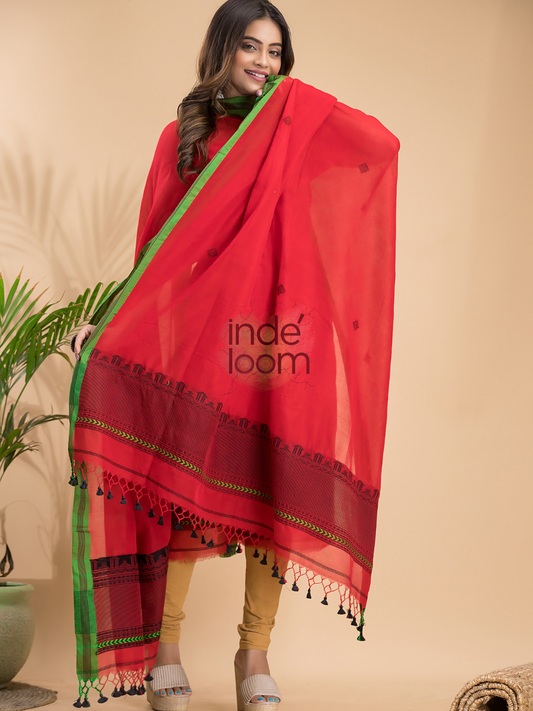 Vermilion Red | Handloom Jamdani Cotton Unstitched 2-Piece Kurti | Baluchari Design