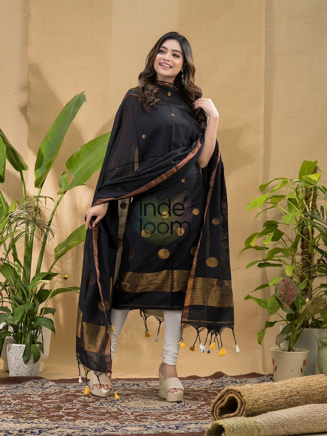 Dark Black Jamdani 2-Piece Set Kurti & Dupatta (UNSTITCHED) -753