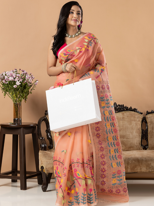 Handwoven Jamdani Muslin Silk Saree | Peach Coral