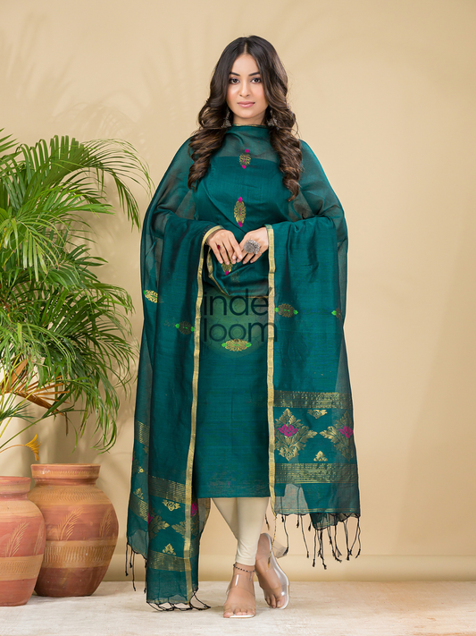 Sea Teal | Handloom Jamdani Cotton Unstitched 2-Piece Kurti | Benaras Design