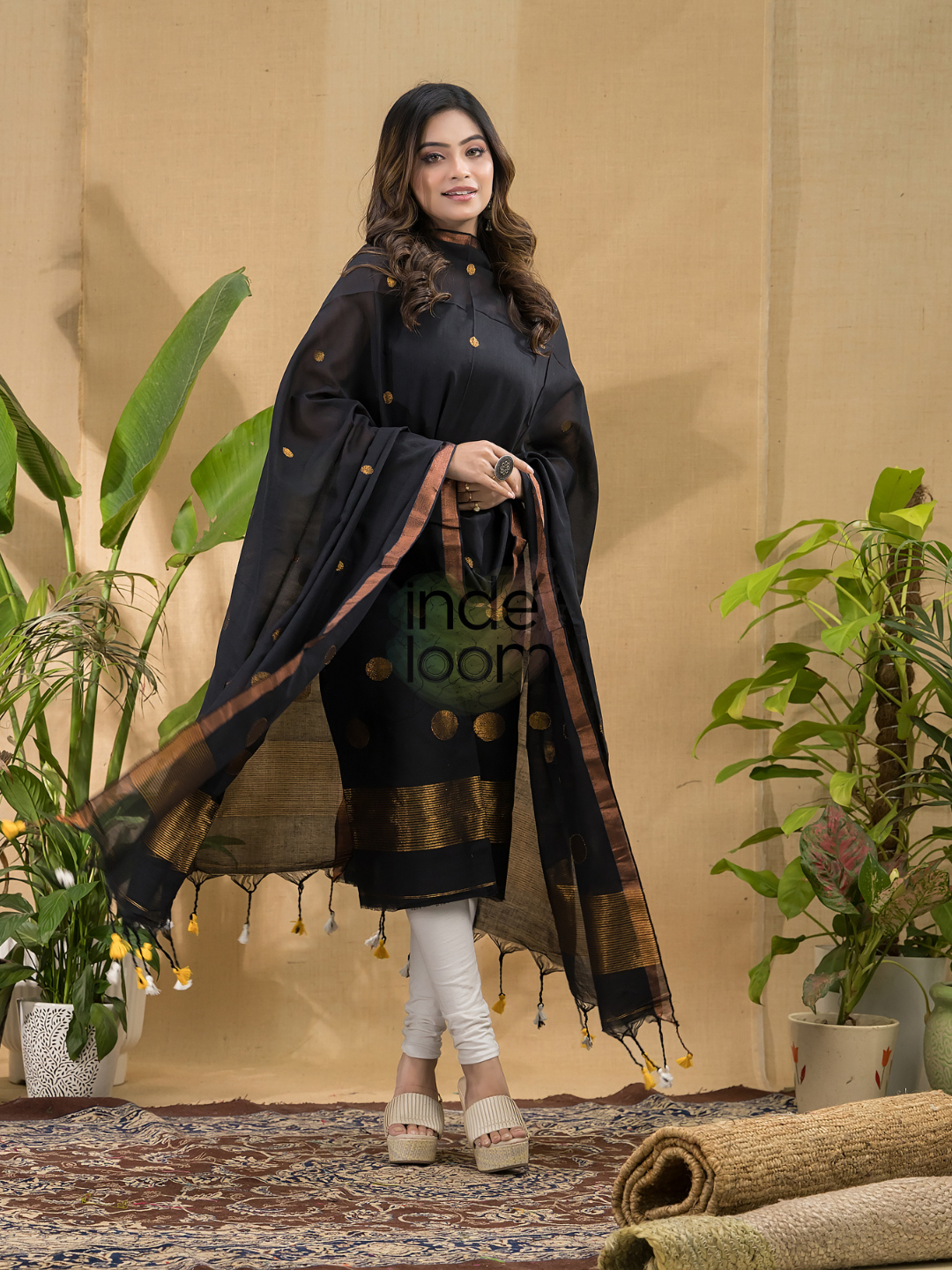 Dark Black Jamdani 2-Piece Set Kurti & Dupatta (UNSTITCHED) -753