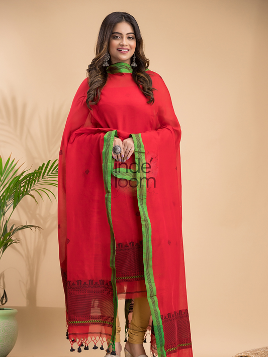 Vermilion Red | Handloom Jamdani Cotton Unstitched 2-Piece Kurti | Baluchari Design