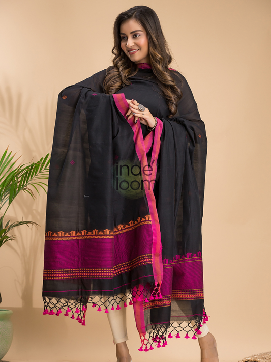 Deep Black | Handloom Jamdani Cotton Unstitched 2-Piece Kurti | Baluchari Design