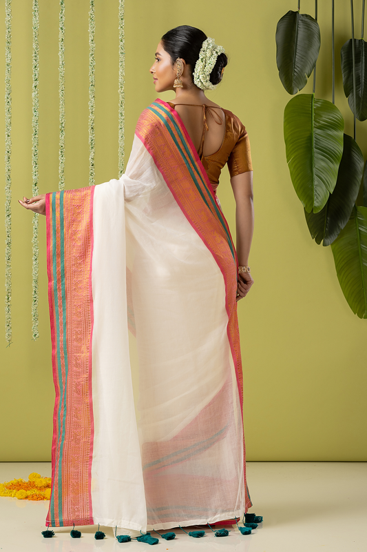 Pure Handloom Cotton Saree | White and Red | Plain Body with Ribbon border
