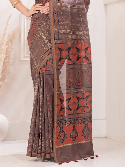 Ajrakh Exclusive Designer Modal Silk in Brick Red -049