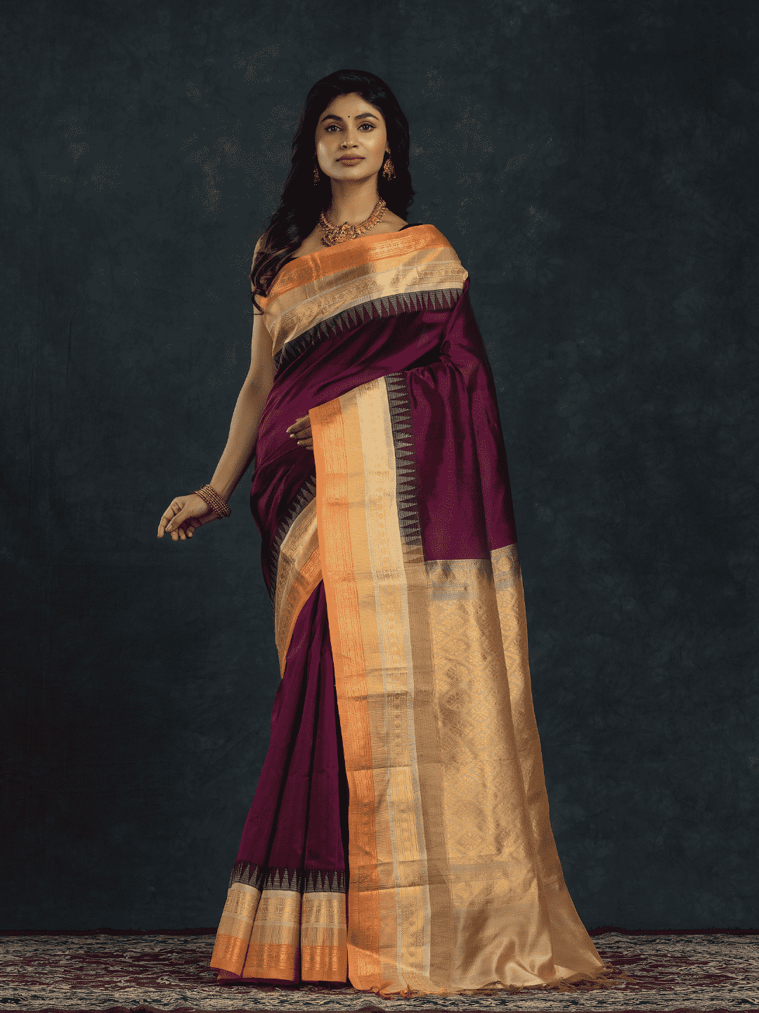 Pure Handloom Korvai Silk Cotton Saree in Deep Purple with Beige and Golden Orange with Temple border - 119
