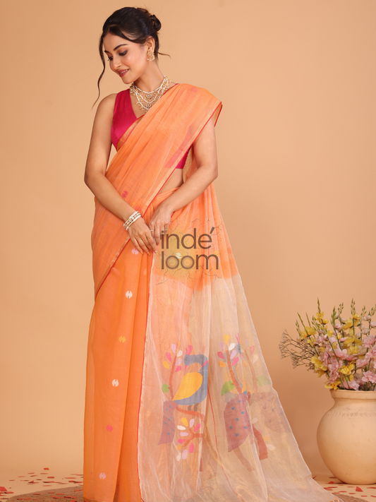 Muslin Tissue Jamdani Saree With Coral Orange - 106