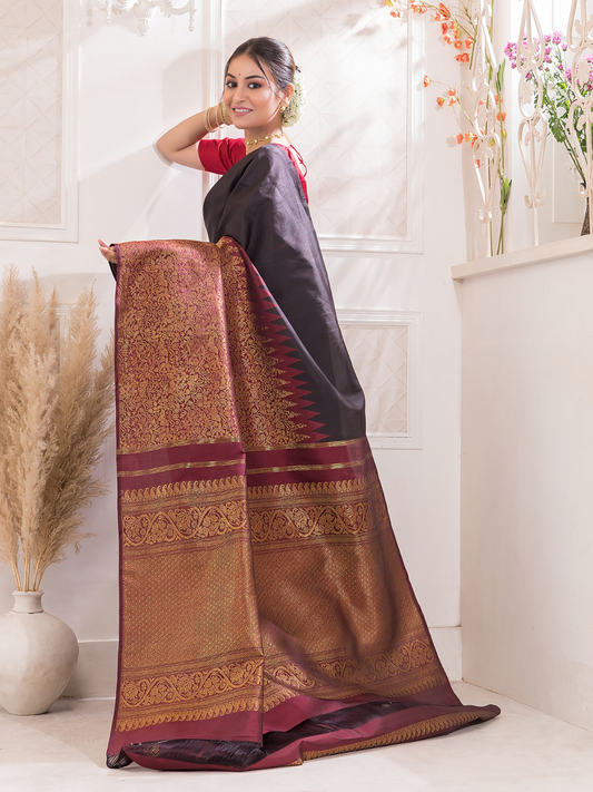 Kaalindi - Midnight Black silk with temple border and zari breeze