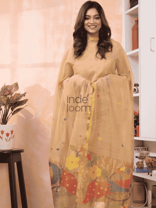 Khaki Gold | Handloom Jamdani Muslin Unstitched 2-Piece Kurti | Paithani Design