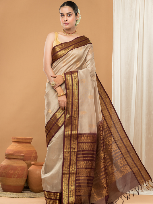 Pure Handloom Korvai Saree | Light Gold and Golden Dark Brown
