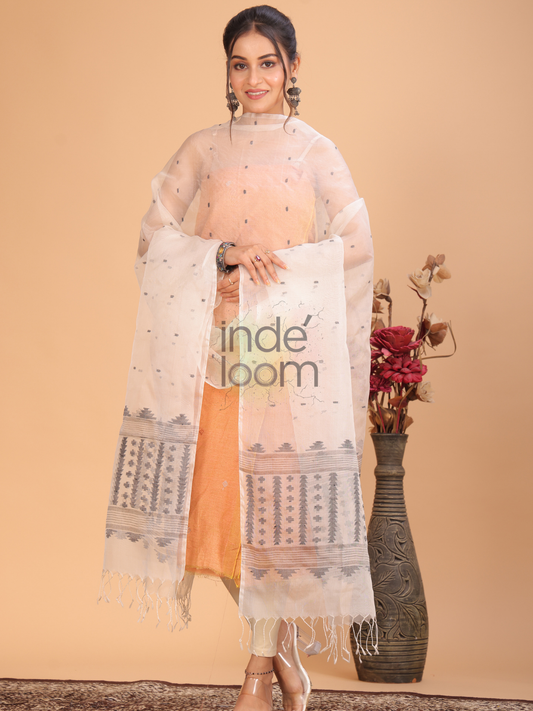 Pure HandloomMuslin Jamdani Dupatta With Cream White - 007