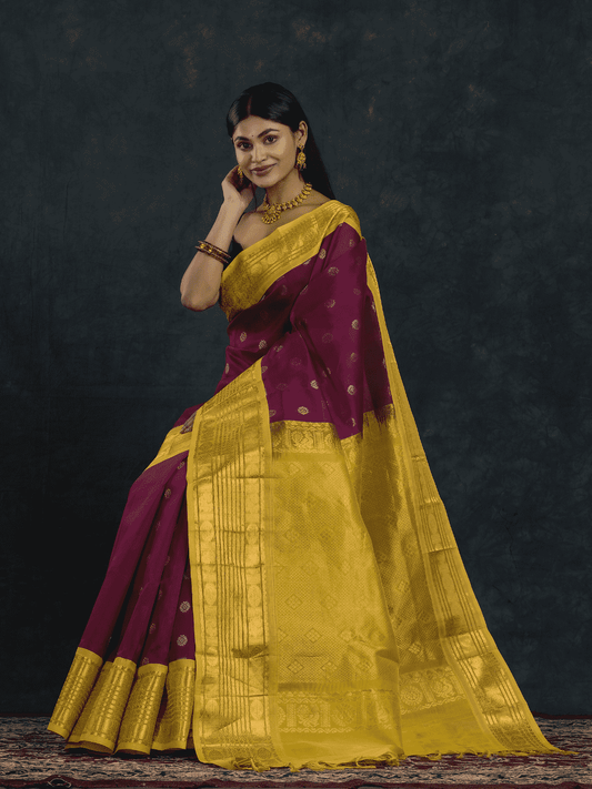 Pure Handloom Korvai Saree | Grape Purple and Golden Yellow