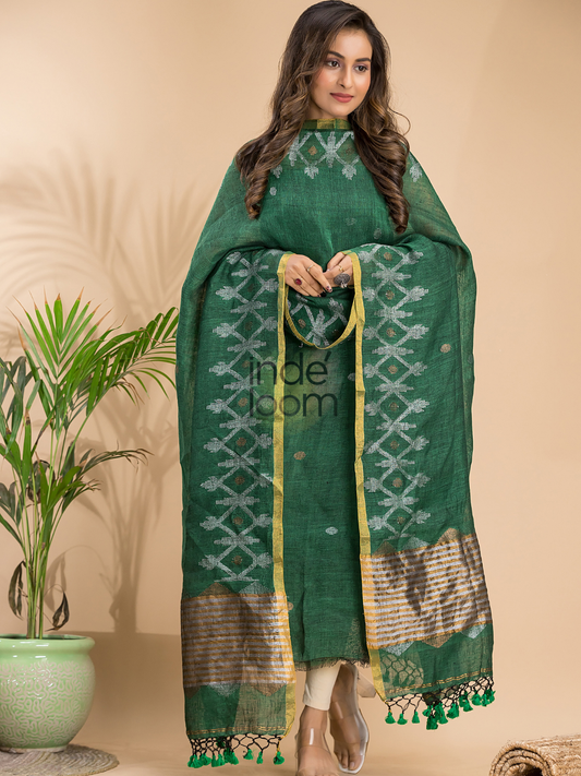Teal Forest | Handloom Jamdani Linen Unstitched 2-Piece Kurti | Dhakai Design