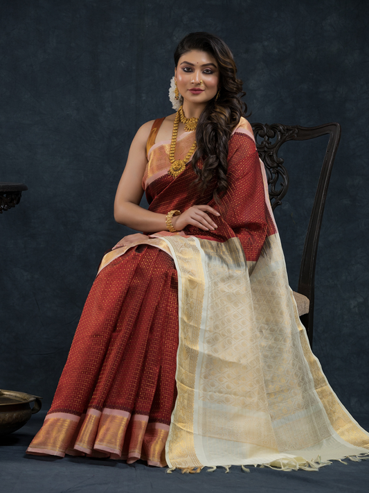 Pure Handloom Korvai Saree | Red and Brown