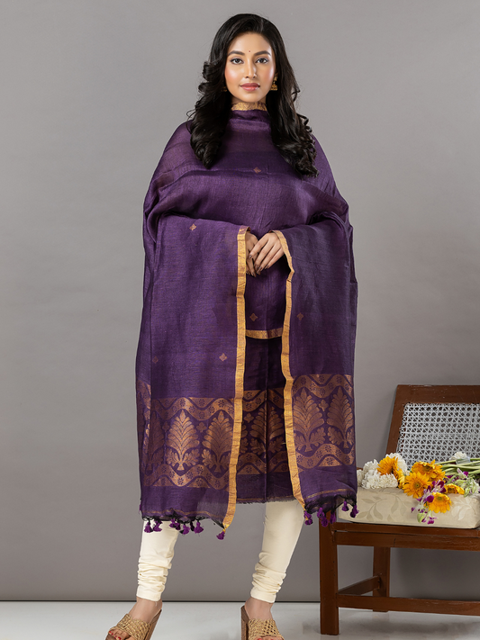 Handwoven Jamdani Linen Unstitched 2-Piece Kurti | Deep Purple