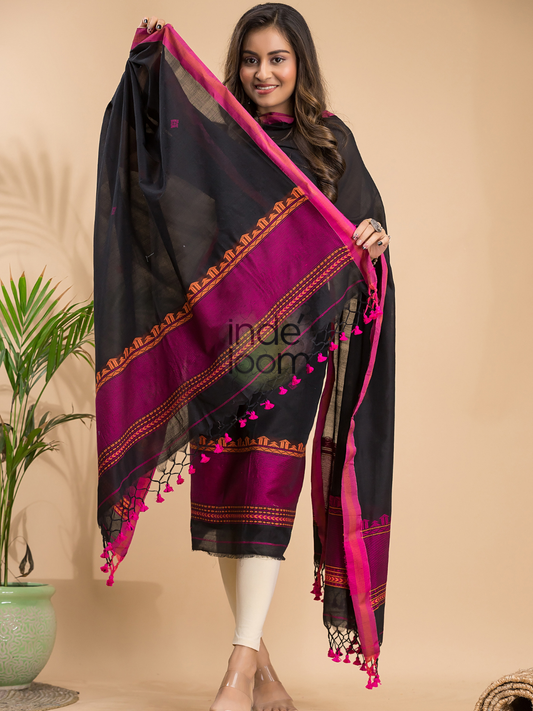 Deep Black | Handloom Jamdani Cotton Unstitched 2-Piece Kurti | Baluchari Design