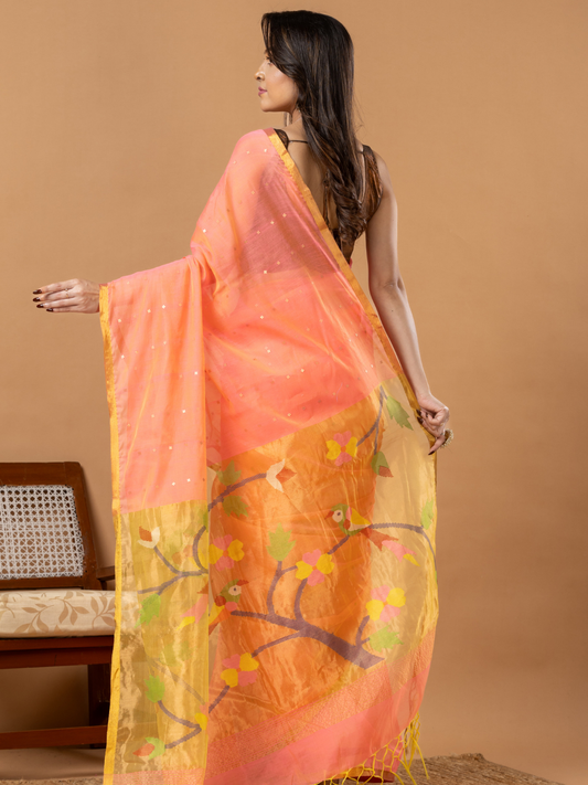 Handwoven Jamdani Muslin Saree | Peach Coral