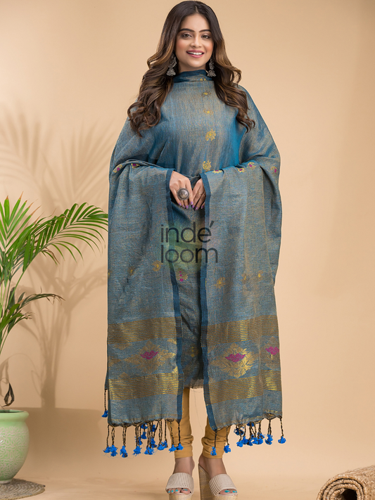 Steel Blue | Handloom Jamdani Linen Unstitched 2-Piece Kurti | Benaras Design