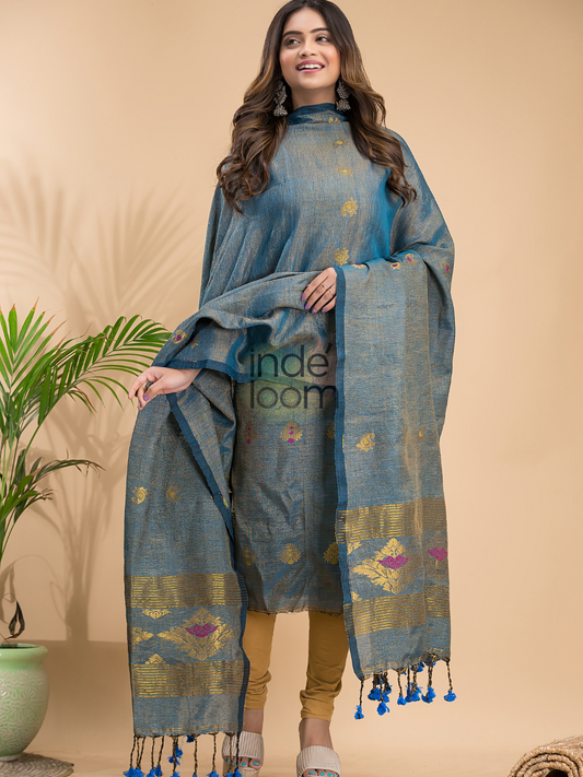Steel Blue | Handloom Jamdani Linen Unstitched 2-Piece Kurti | Benaras Design