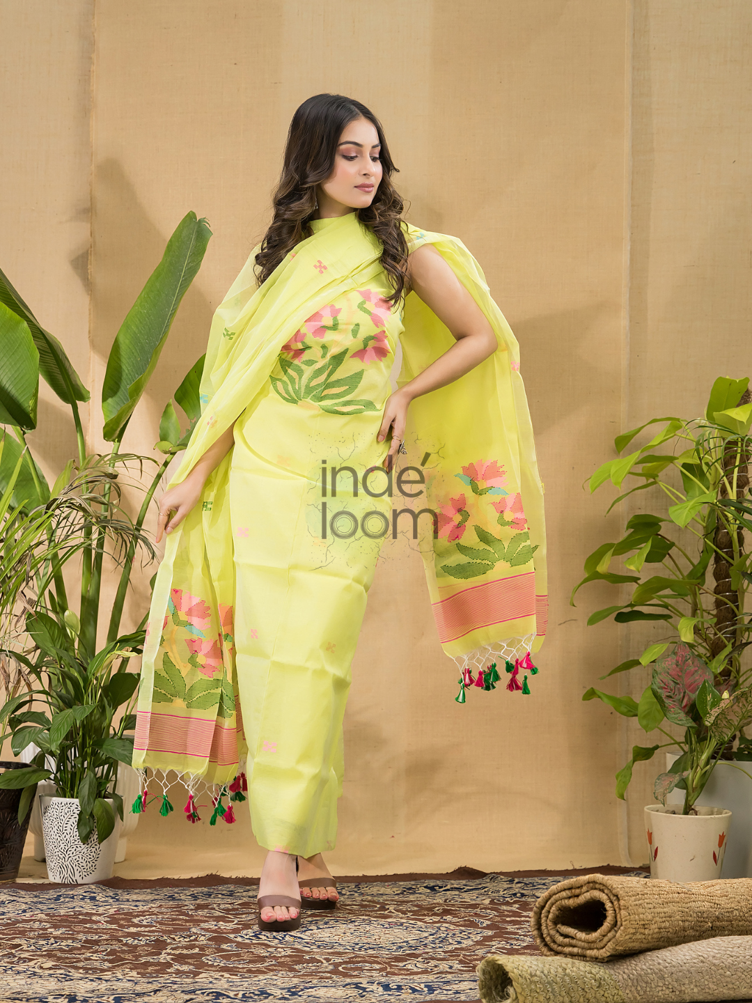 Neon Yellow Jamdani 2-Piece Set Kurti & Dupatta (UNSTITCHED) -7