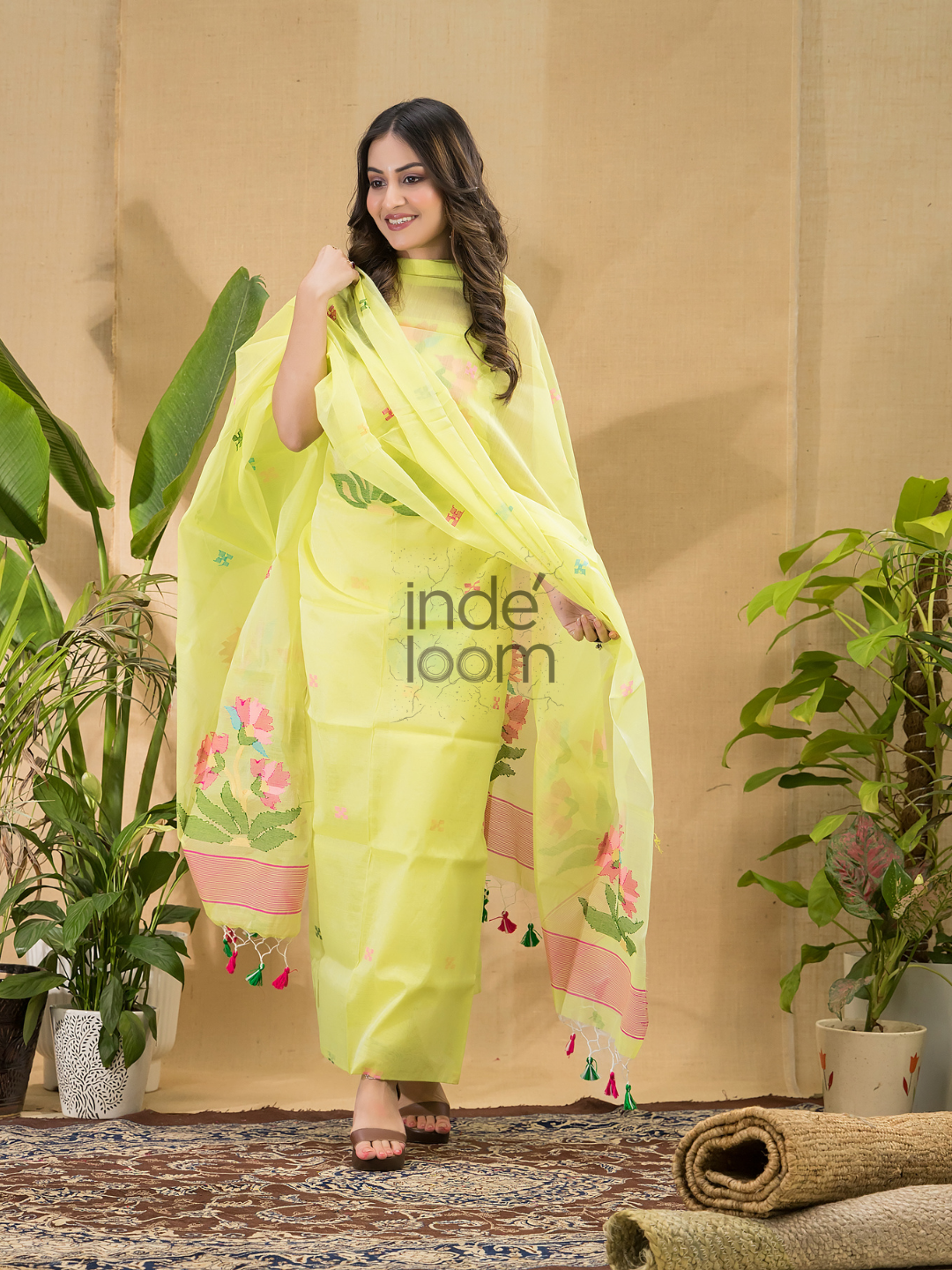 Neon Yellow Jamdani 2-Piece Set Kurti & Dupatta (UNSTITCHED) -7