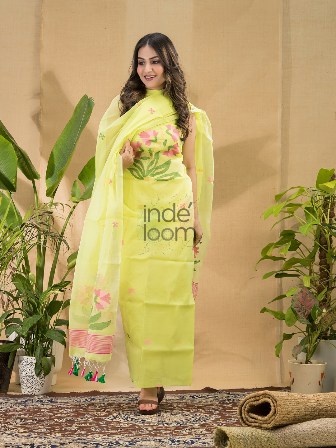 Neon Yellow Jamdani 2-Piece Set Kurti & Dupatta (UNSTITCHED) -7