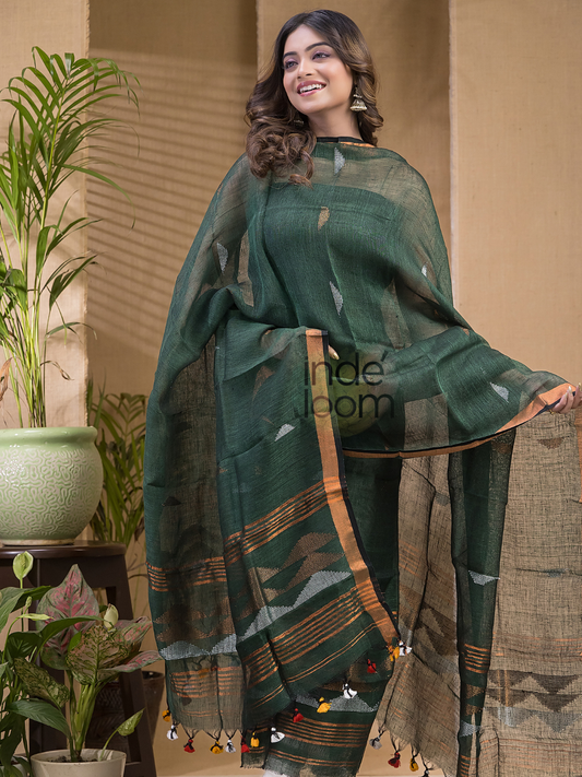 Olive Moss | Handloom Jamdani Linen Unstitched 2-Piece Kurti