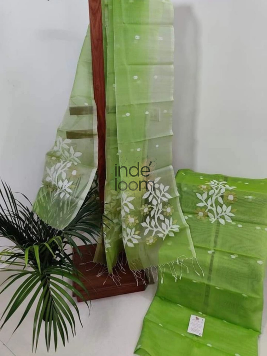 Leaf Green | Handloom Jamdani Muslin Unstitched 2-Piece Kurti | Biswabangla Design