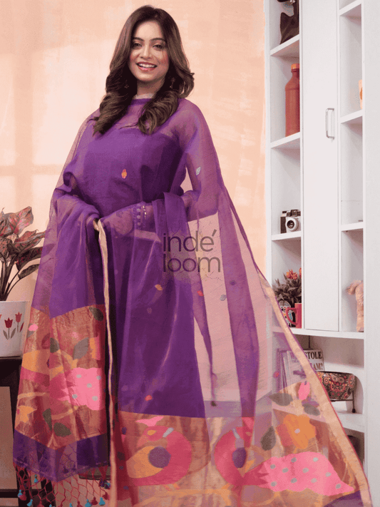 Royal Violet | Handloom Jamdani Muslin Unstitched 2-Piece Kurti | Paithani Design