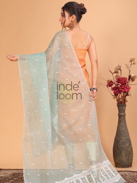 Pure Handloom Muslin Jamdani Dupatta With Baby Blue - 008