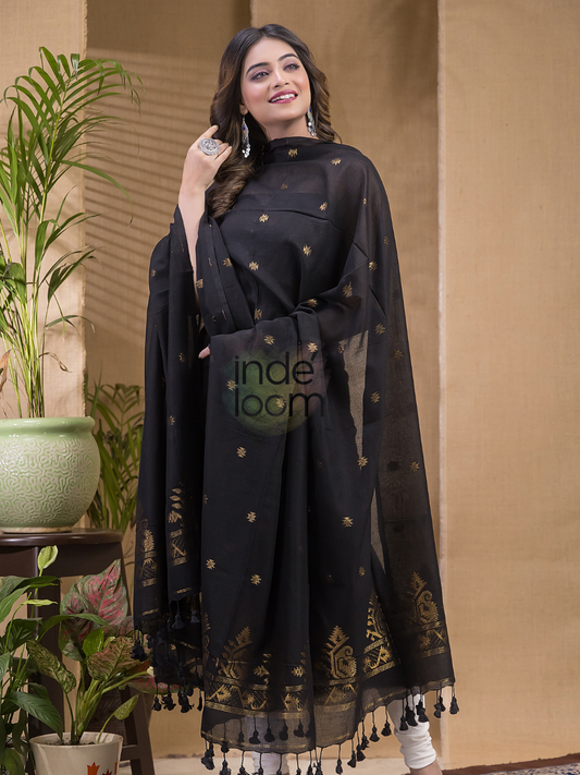Deep Black | Handloom Jamdani Cotton Unstitched 2-Piece Kurti | Meenakari Design