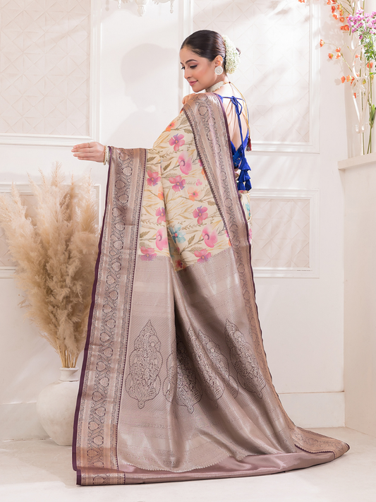 Vanalata - Earth-toned brown drape with blooming florals in digital prints