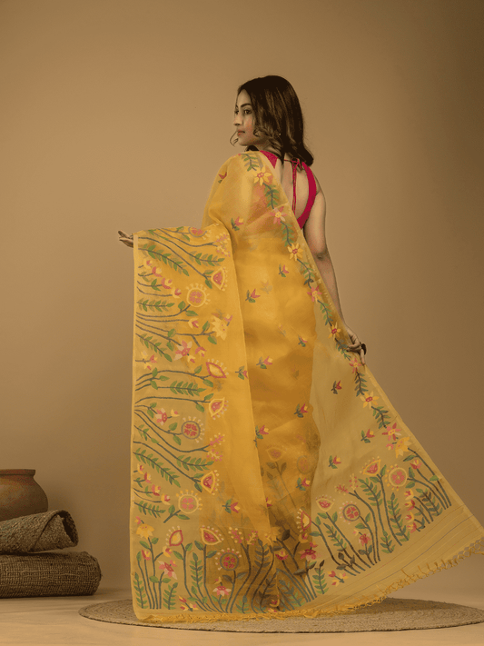 Jamdani Saree With Mustard Yellow - 04 - indeloom
