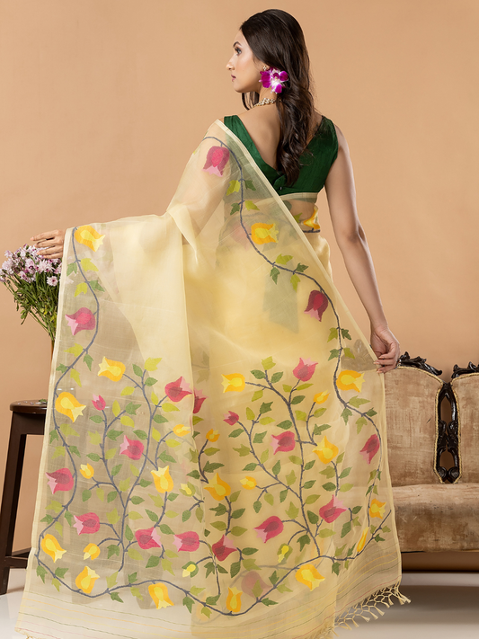 Handwoven Jamdani Muslin Silk Saree | Pale Yellow