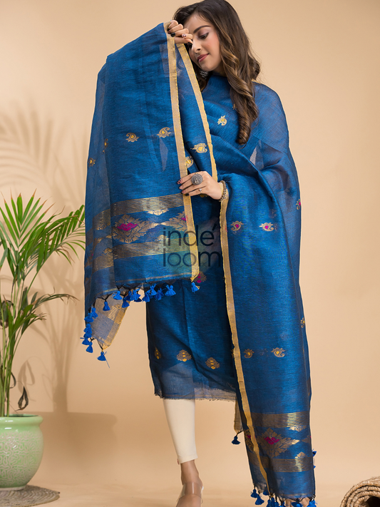 Indigo Teal | Handloom Jamdani Linen Unstitched 2-Piece Kurti