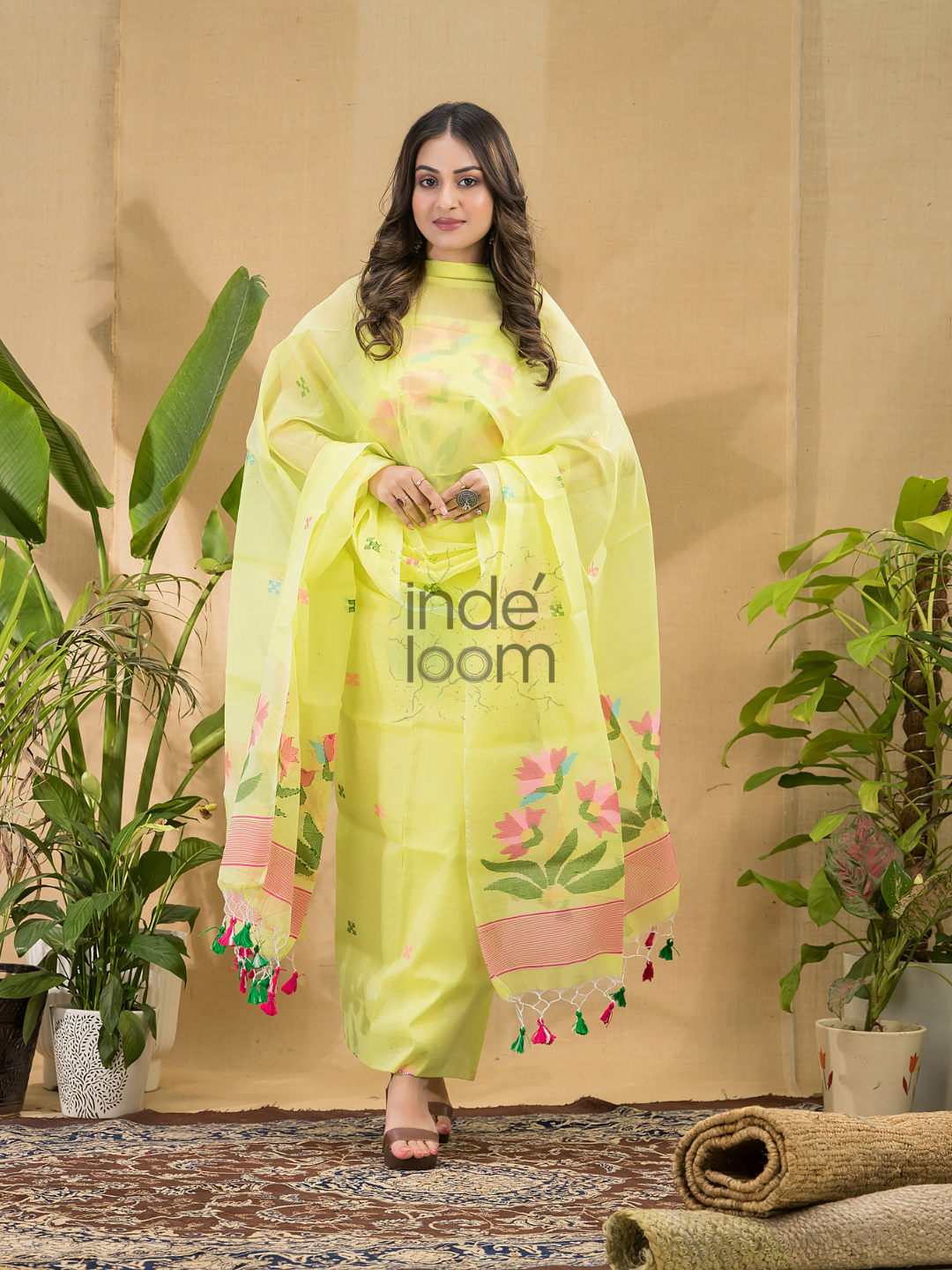Neon Yellow Jamdani 2-Piece Set Kurti & Dupatta (UNSTITCHED) -7