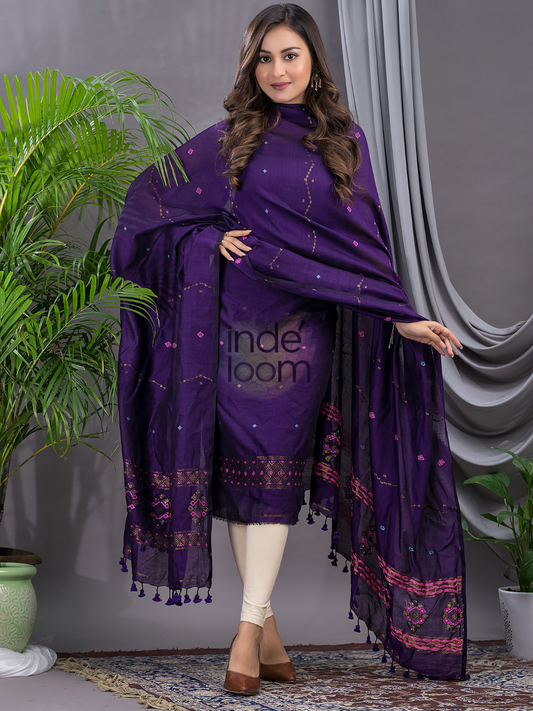 Indigo Purple | Handloom Jamdani Cotton Unstitched 2-Piece Kurti | Bhujodi Design