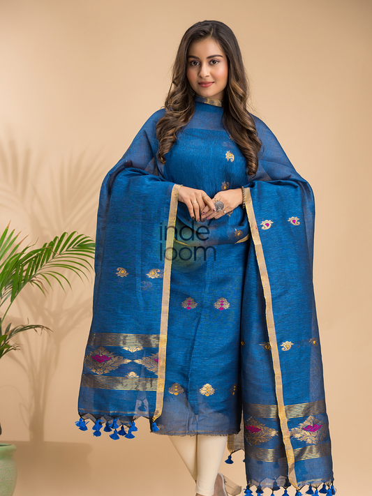 Handwoven Jamdani Linen Unstitched 2-piece Kurti | Denim Blue