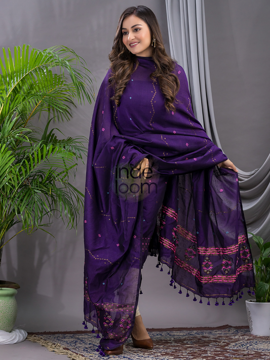 Indigo Purple | Handloom Jamdani Cotton Unstitched 2-Piece Kurti | Bhujodi Design