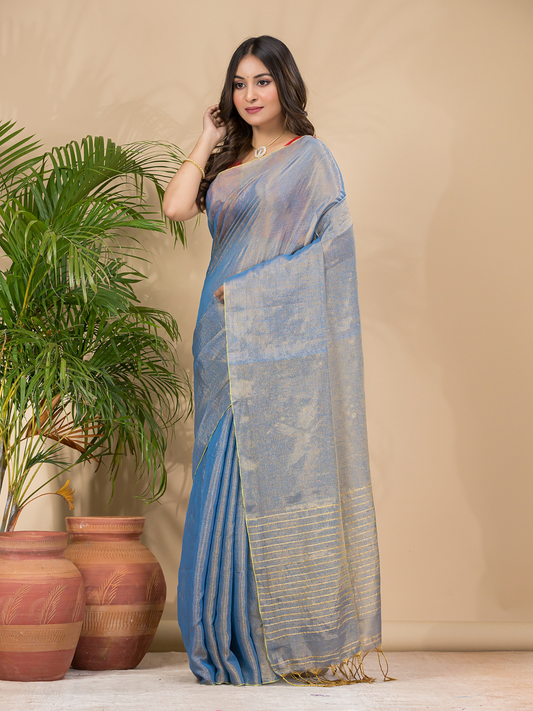 Tissue Linen Handloom Saree With Pigeon Blue - 020