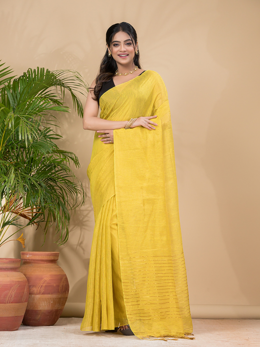 Tissue Linen Handloom Saree With Corn Yellow - 021