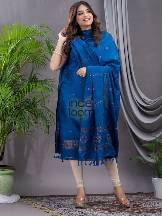 Navy Blue | Handloom Jamdani Cotton Unstitched 2-Piece Kurti | Bhujodi Design
