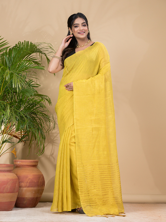 Tissue Linen Handloom Saree With Corn Yellow - 021