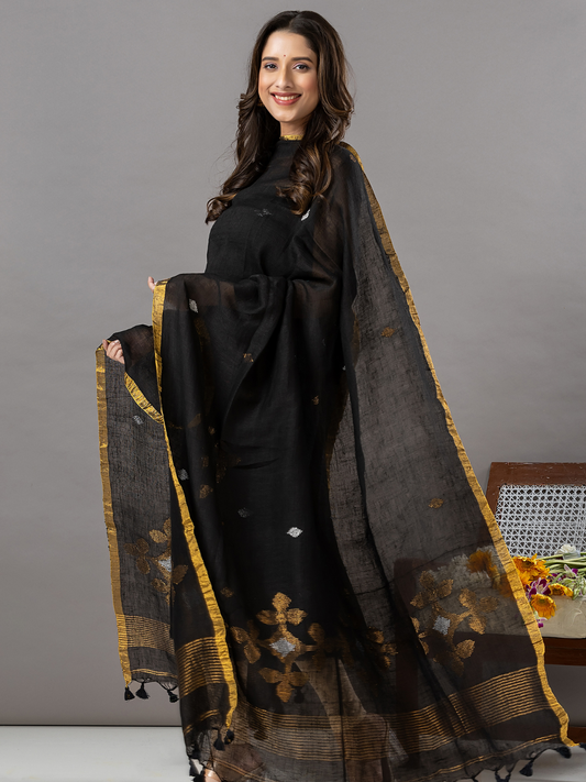 Handwoven Jamdani Linen Unstitched 2-Piece Kurti | Jet Black