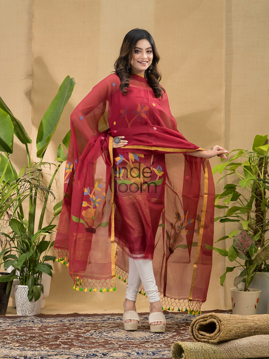 Dark Ruby | Handloom Jamdani Muslin Unstitched 2-Piece Kurti