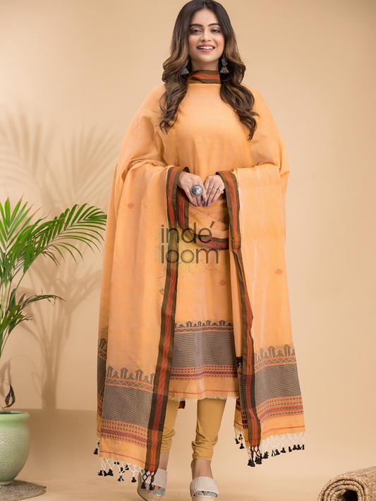 Marigold | Handloom Jamdani Cotton Unstitched 2-Piece Kurti | Baluchari Design