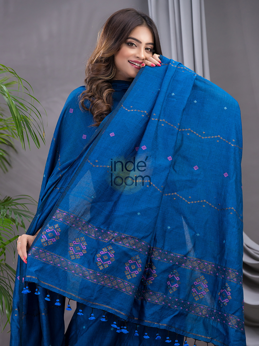 Navy Blue | Handloom Jamdani Cotton Unstitched 2-Piece Kurti | Bhujodi Design