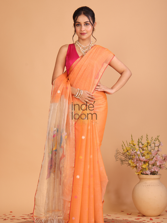 Muslin Tissue Jamdani Saree With Coral Orange - 106