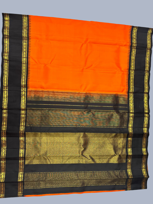 Pure Handwoven Gadwal Silk Saree With saffron orange - 004