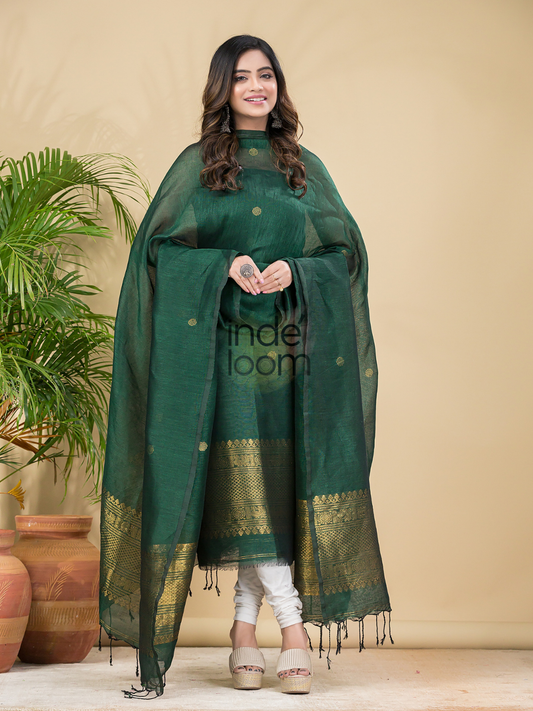 Hunter Green | Handloom Jamdani Muslin Unstitched 2-Piece Kurti | Classic Design